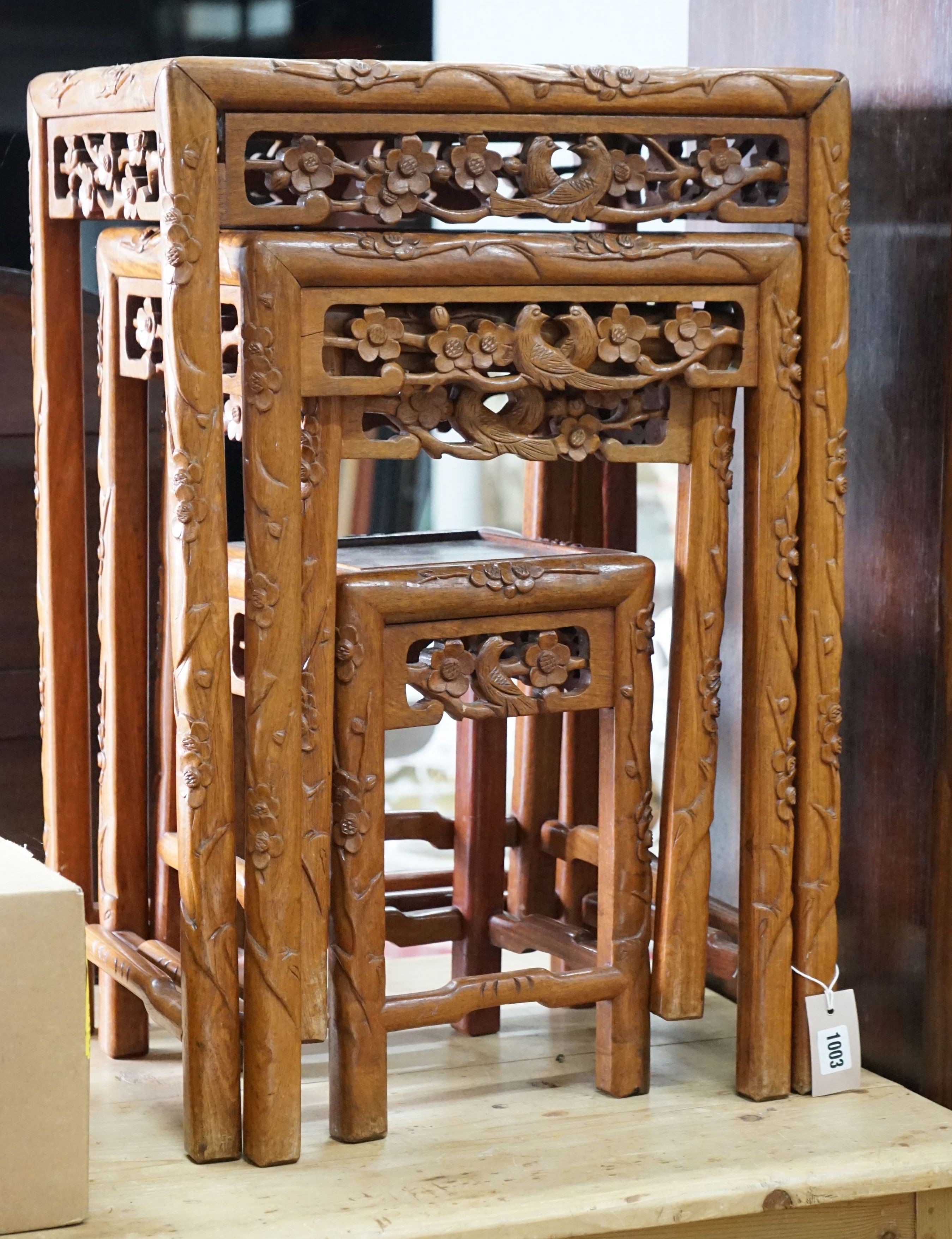 A quartetto of Chinese carved hardwood tea tables, width 46cm, depth 36cm, height 68cm